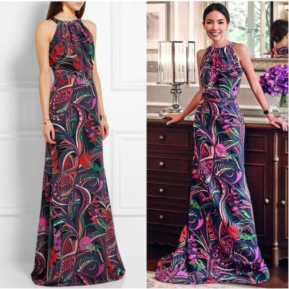 EMILIO PUCCI Black Smeraldo Floral Print Jewel Neckline Maxi Evening Gow… - Picture 1 of 14